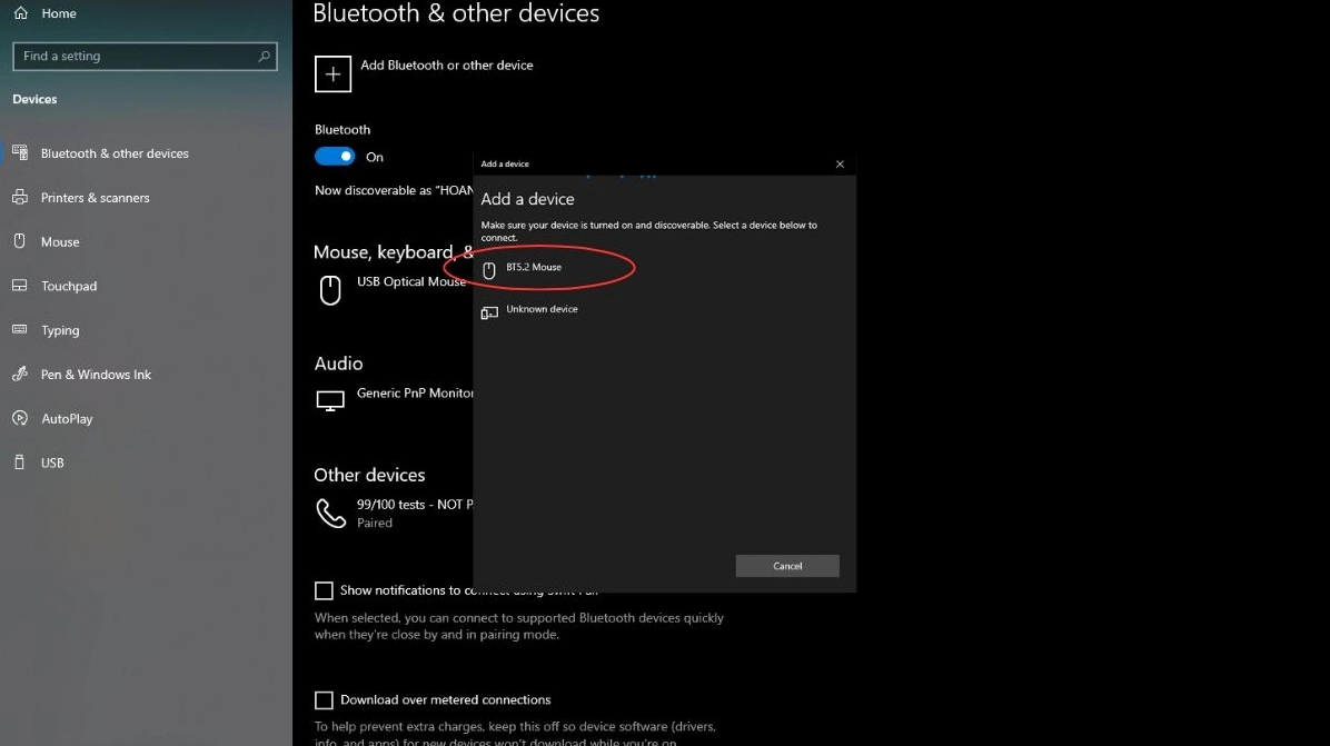 Màn hình hiển thị danh sách các thiết bị ngoại vi đã được tìm thấy sẵn sàng kết nối
