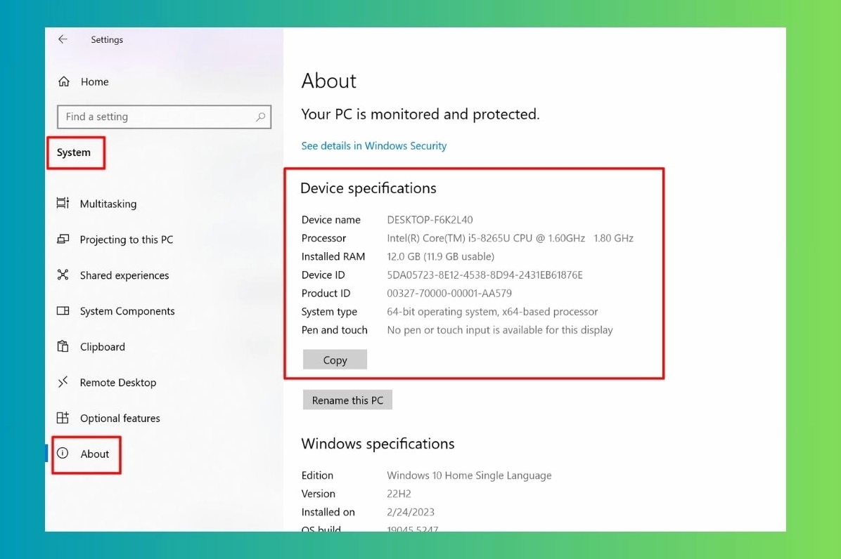 Màn hình hiển thị thông tin chi tiết về cấu hình CPU trong mục About của phần Settings