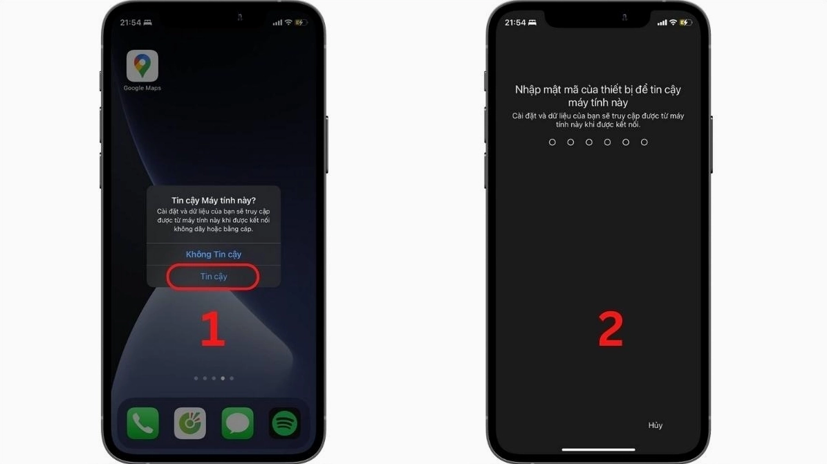 Màn hình iPhone hiển thị thông báo xác nhận Tin cậy máy tính này