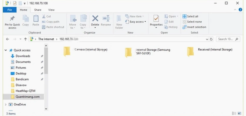 Màn hình máy tính hiển thị các thư mục dữ liệu bên trong bộ nhớ điện thoại