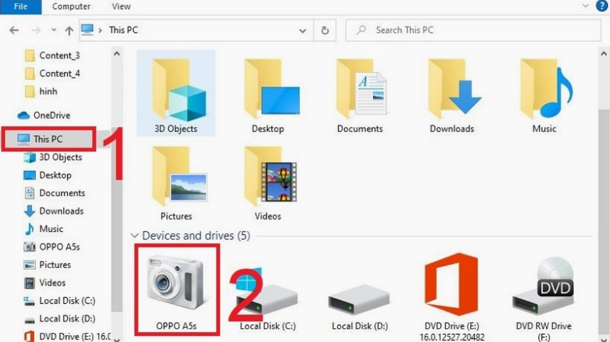 Màn hình máy tính hiển thị ổ đĩa bộ nhớ của thiết bị điện thoại vừa kết nối