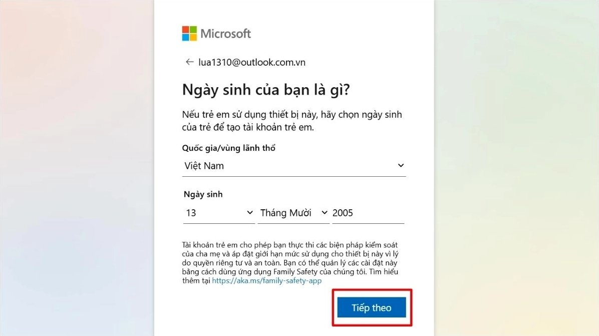 Màn hình nhập quốc gia ngày tháng năm sinh