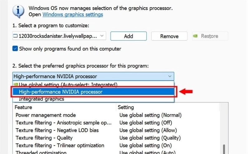 Màn hình thiết lập Program Settings hướng dẫn thao tác chọn bộ xử lý đồ họa ưu tiên là High-performance NVIDIA processor