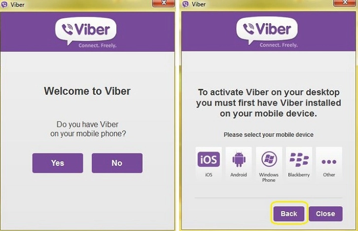 Màn hình thông báo yêu cầu cài đặt Viber cho điện thoại trước khi sử dụng trên máy tính