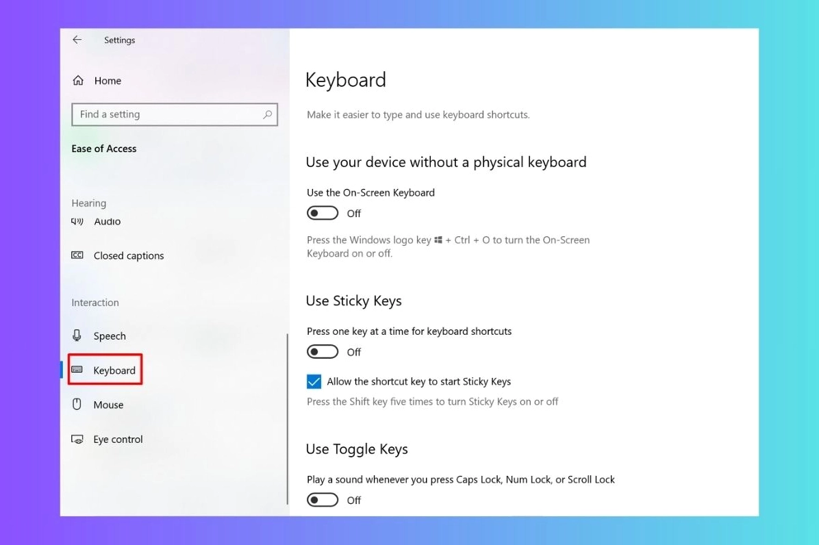 Menu bên trái của phần Ease of Access với tùy chọn Keyboard