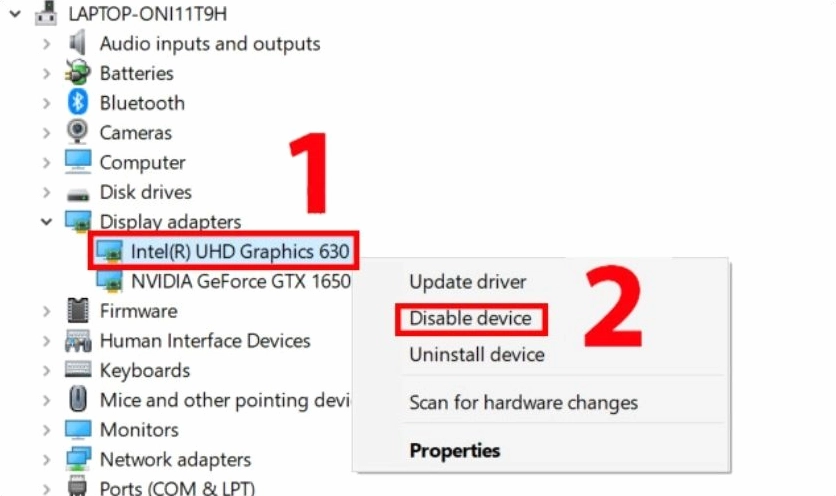 Menu chuột phải hiển thị tùy chọn Disable device để tắt card màn hình rời
