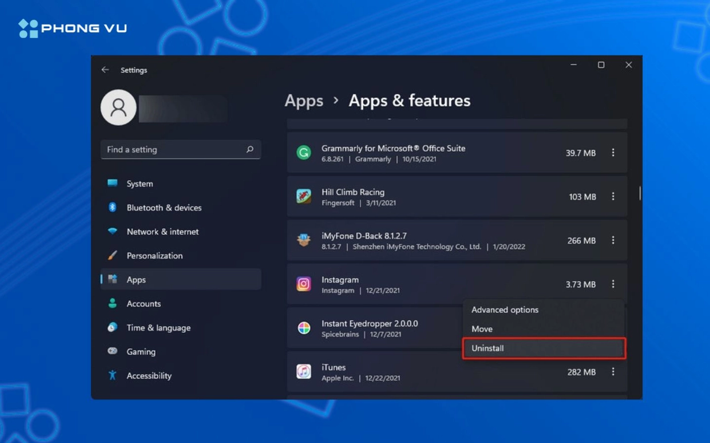 Hướng dẫn chi tiết cách cài đặt laptop mới mua chuẩn kỹ thuật 11 Menu chuột phải hiển thị tùy chọn Uninstall trong danh sách Installed Apps