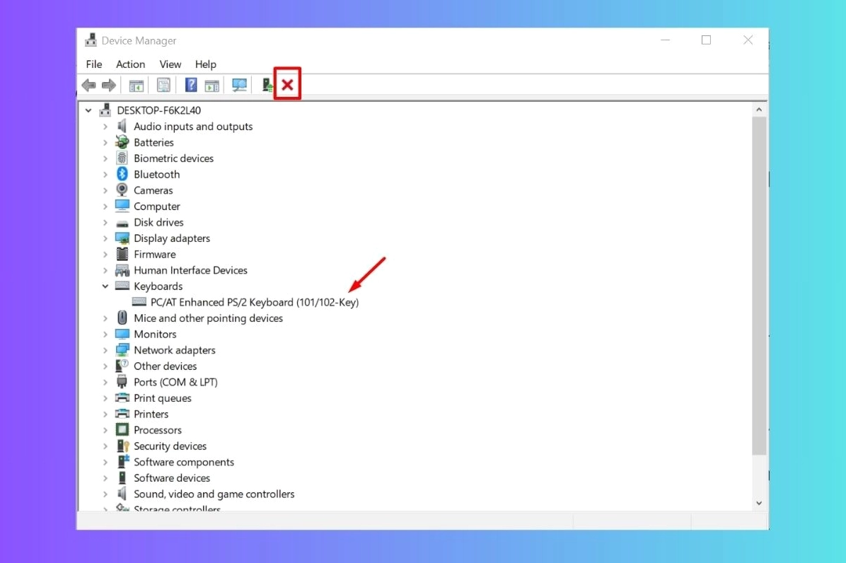 Menu ngữ cảnh hiện ra khi nhấn chuột phải vào tên bàn phím với tùy chọn Uninstall device