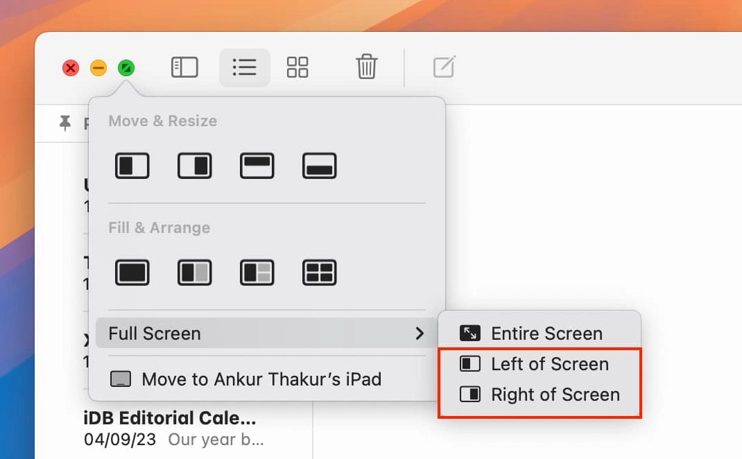 Hướng dẫn chi tiết cách chia đôi màn hình laptop đơn giản và nhanh chóng nhất 3 Menu tùy chọn xuất hiện khi di chuột vào nút màu xanh lá cây trên cửa sổ ứng dụng macOS