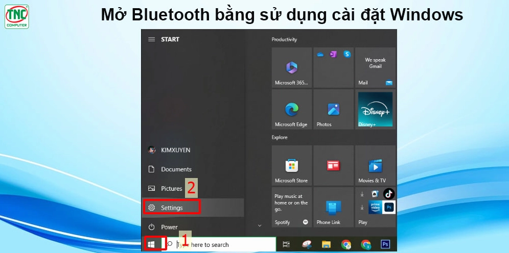 Minh họa cách mở bluetooth trên máy tính win 10