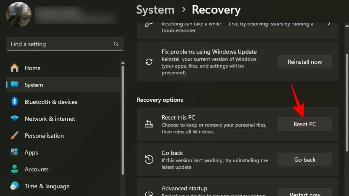 Mở cài đặt reset trên Windows 11