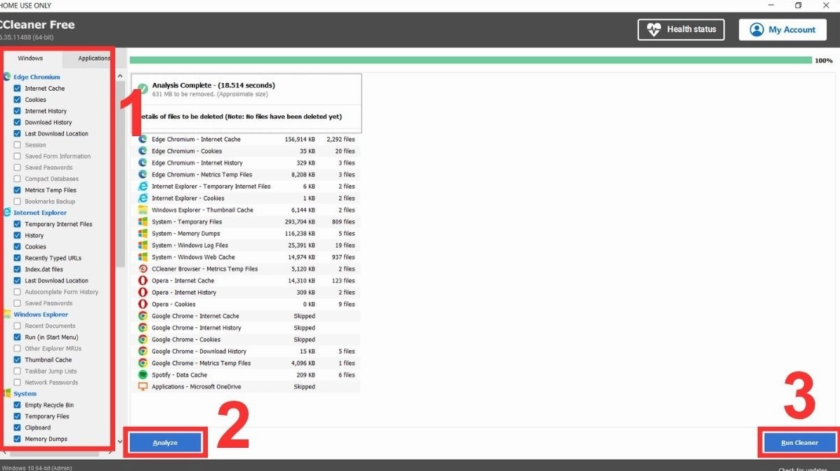 Mở CCleaner chọn các loại file bạn muốn xóa và nhấn Analyze sau đó nhấn Run Cleaner