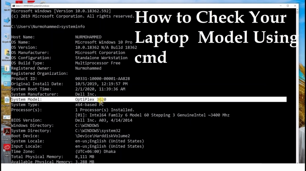 Mở Command Prompt và nhập lệnh wmic csproduct get name để lấy thông tin