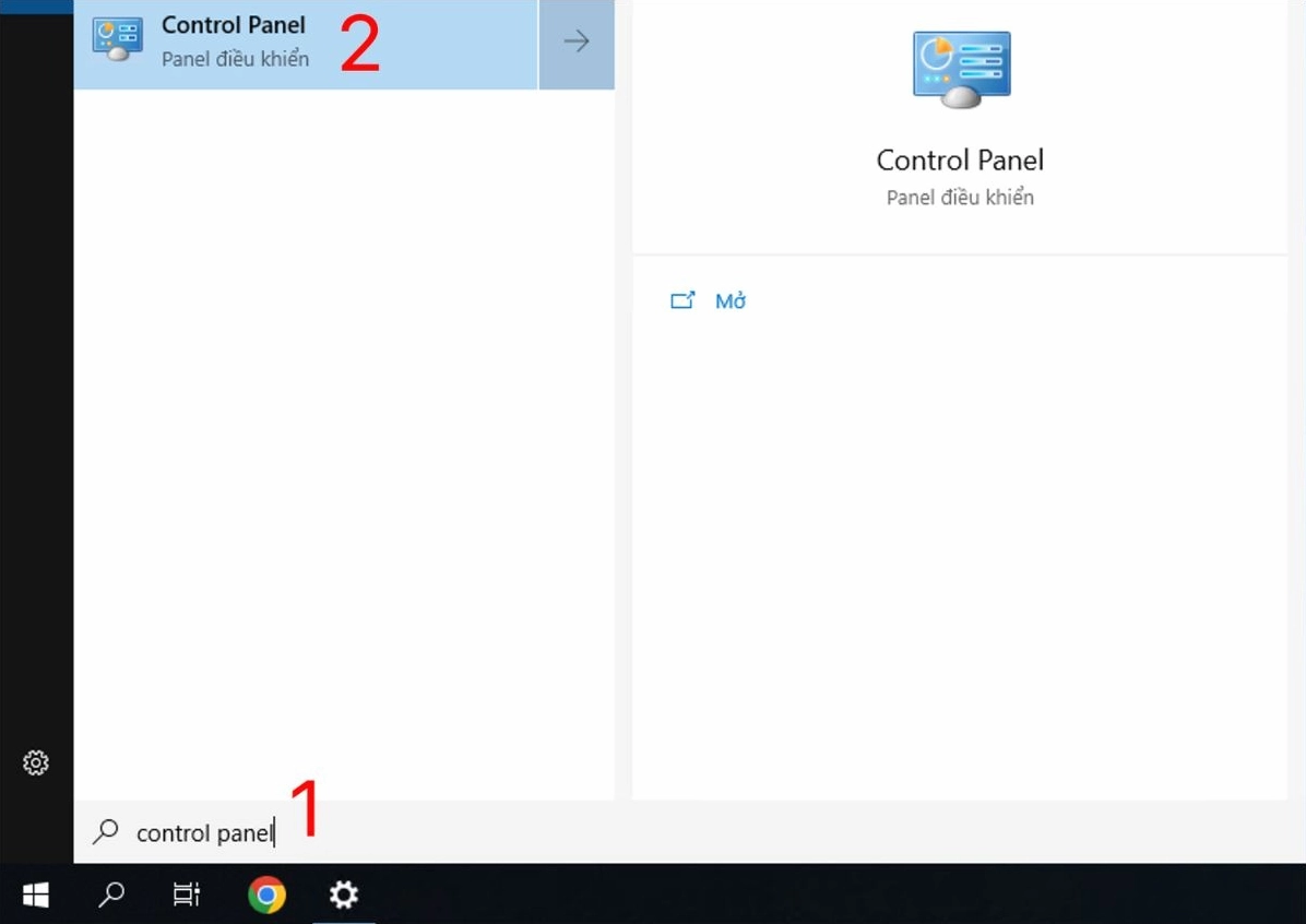 Mở Control Panel bằng cách gõ tìm kiếm