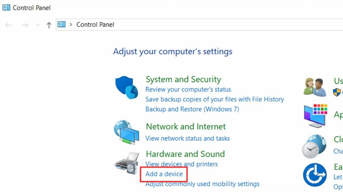 Mở Control Panel và chọn Add a device nếu Windows không tự cài đặt