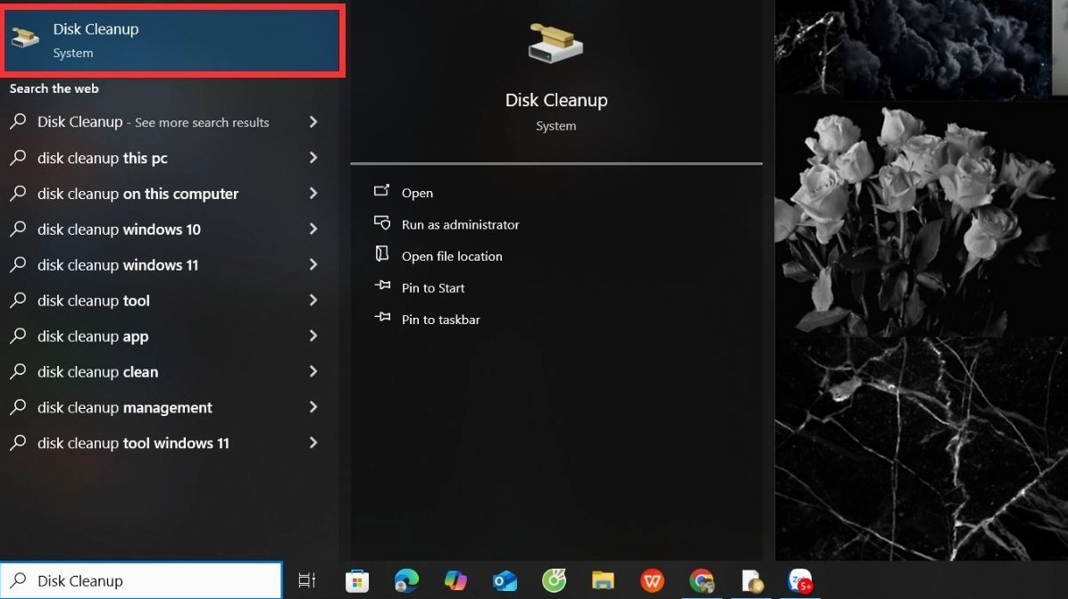 Hướng dẫn chi tiết cách tăng tốc cho laptop chạy mượt mà như mới 8 Mở Disk Cleanup bằng cách tìm kiếm trong thanh Start Menu