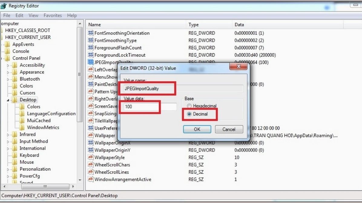 Hướng dẫn chi tiết cách cài màn hình laptop sắc nét và khắc phục lỗi ảnh mờ 30 Mở JPEGImportQuality, chọn Decimal, nhập giá trị 100