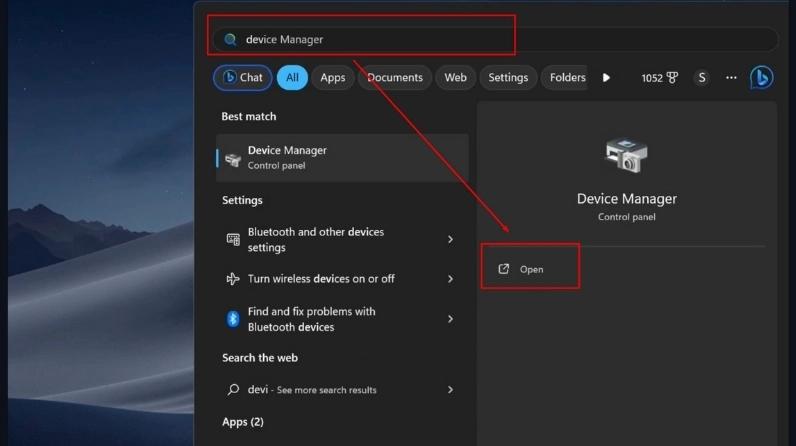 Mở laptop và tìm kiếm từ khóa Device Manager
