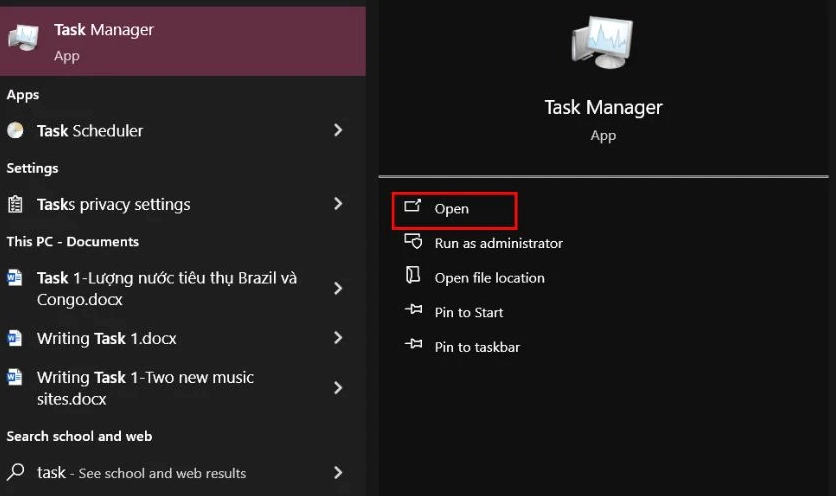 Mở menu Start, tìm và chọn Task Manager