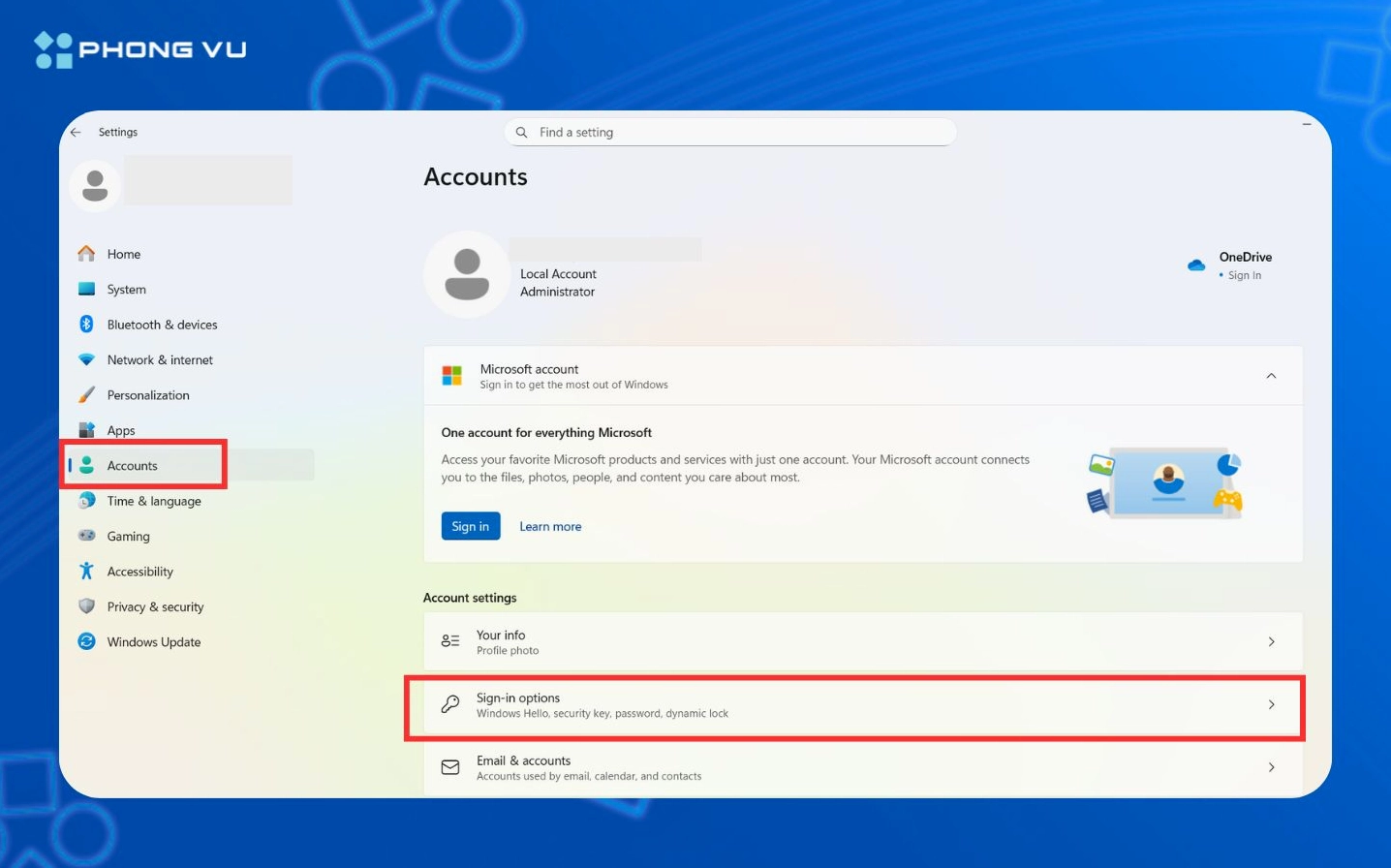 mở Settings Cài đặt Chọn Accounts Tài khoản sau đó nhấp vào Sign-in options Tùy chọn đăng nhập