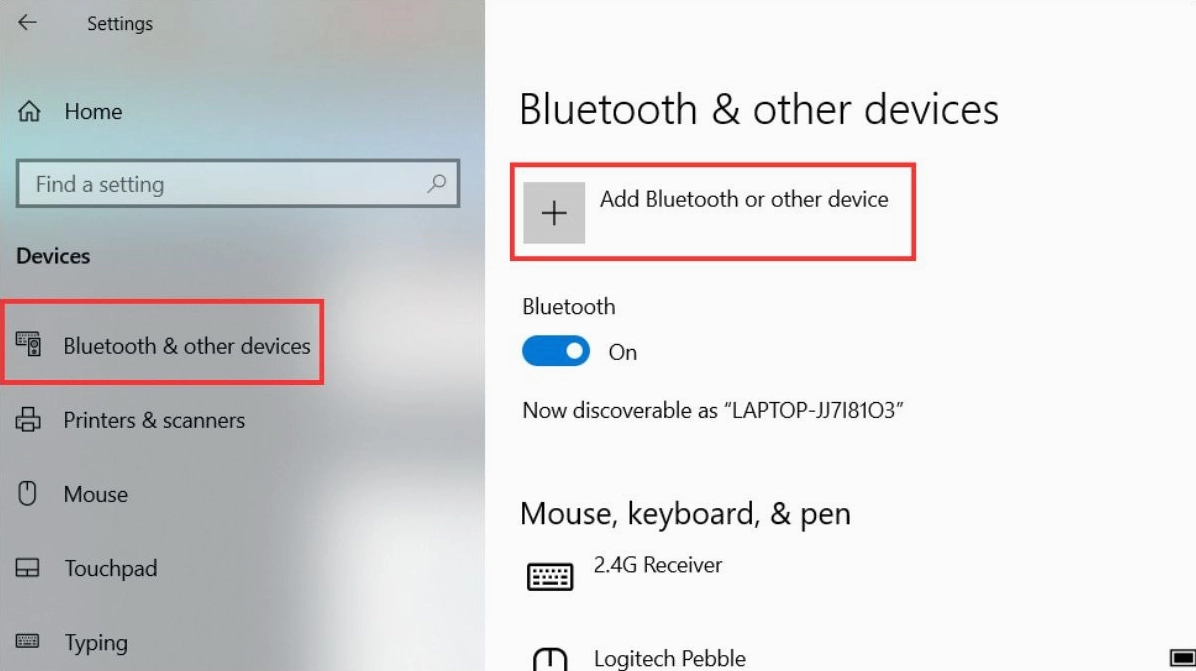 Mở Settings, chọn Device, sau đó chọn Bluetooth and Other Devices và nhấn Add Bluetooth