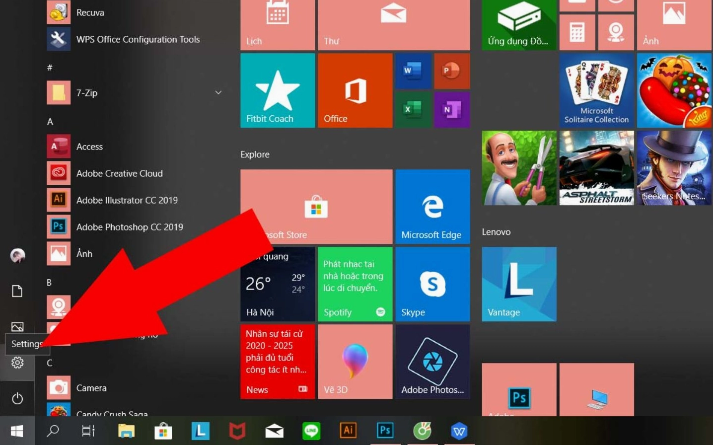 Mở Start menu trên Windows và nhấn chọn vào biểu tượng bánh răng cưa Setting