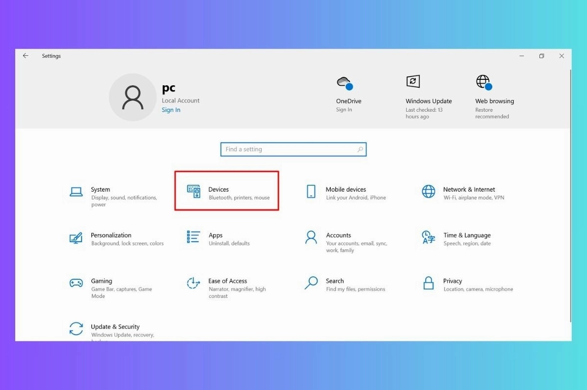 Mục Devices trong cửa sổ cài đặt Settings của Windows