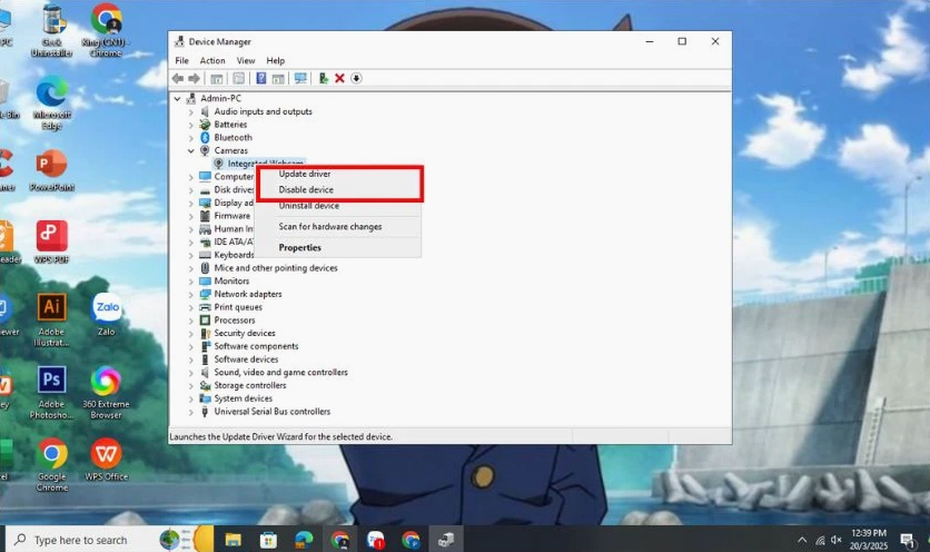 Nếu camera bị vô hiệu hóa, chọn Enable device