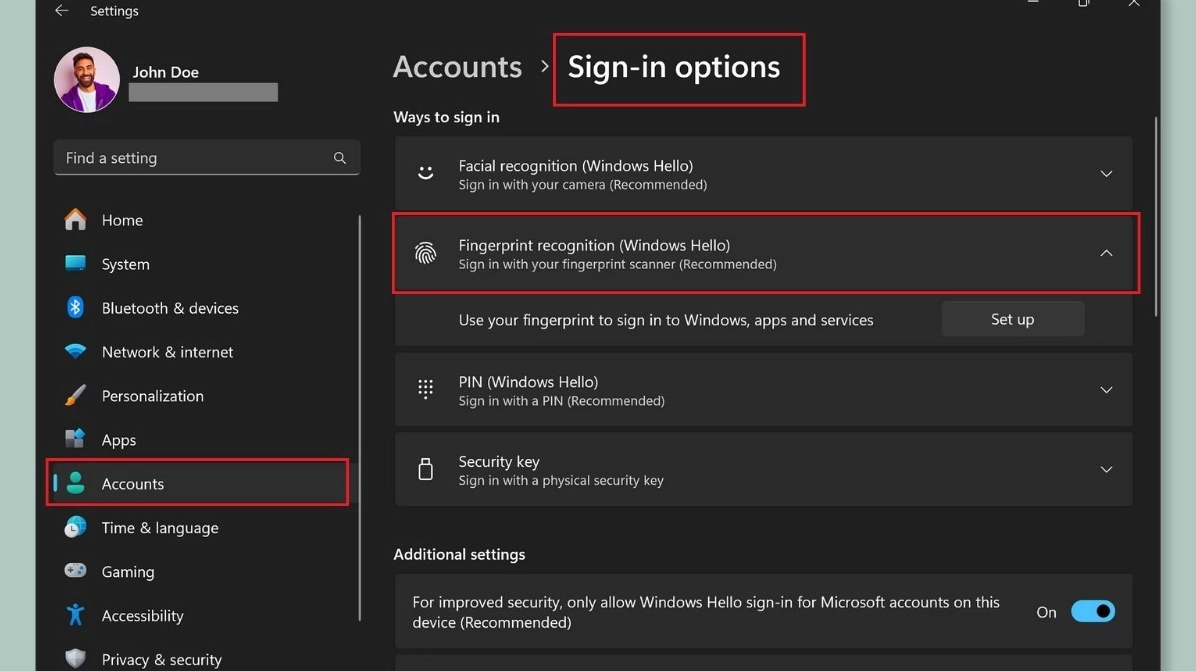 Nếu laptop hỗ trợ cảm biến vân tay bạn sẽ thấy tùy chọn Fingerprint recognition