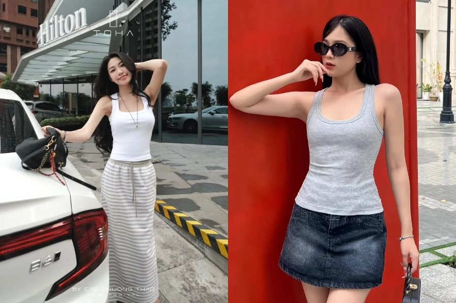 Người đẹp thả dáng quyến rũ với áo ba lỗ cổ vuông