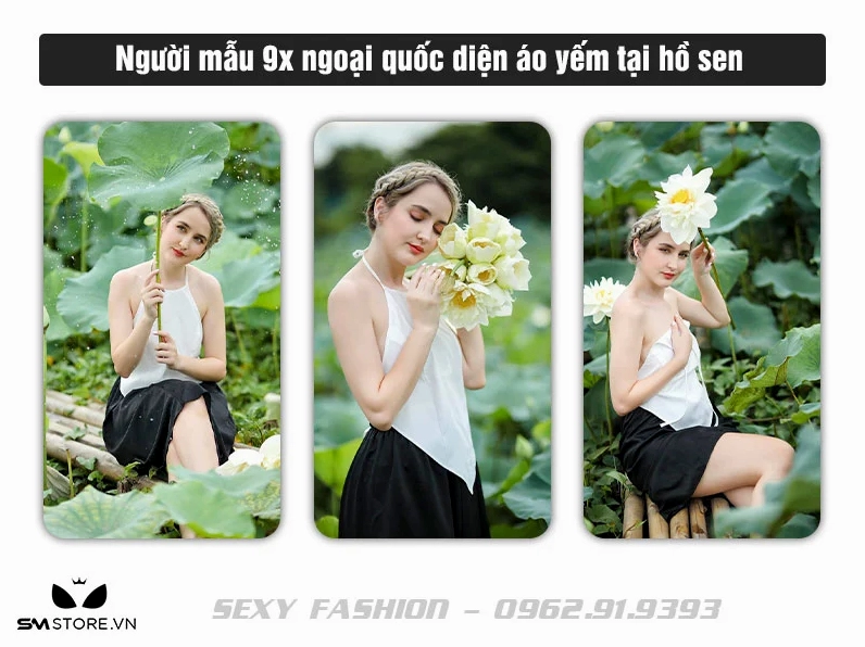 Người mẫu 9X diện áo yếm mỏng thả dáng nuột nà bên đầm sen rực rỡ
