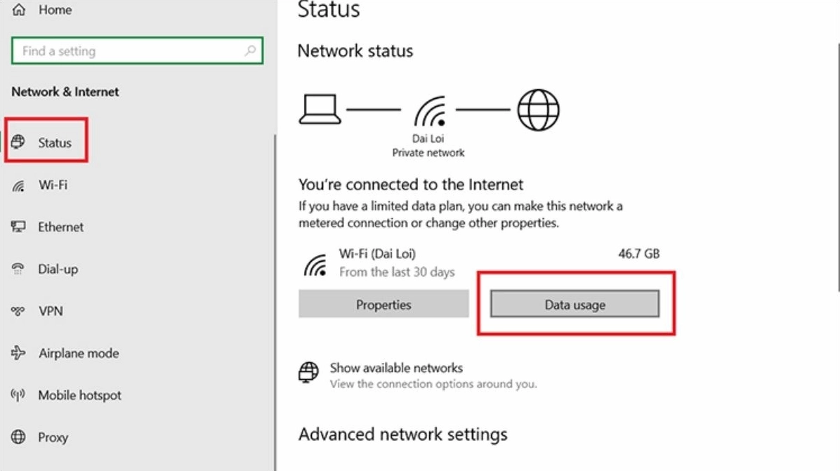 Nhấn chọn mục Data Usage