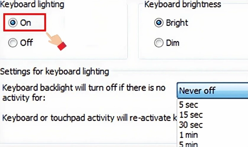 Nhấn chọn On để bật đèn bàn phím laptop Lenovo
