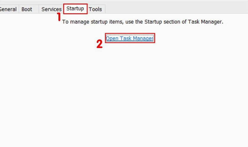 Nhấn chọn Startup, sau đó chọn Open Task Manager