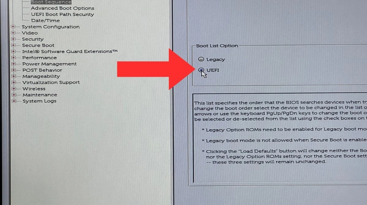 Hướng dẫn chi tiết cách mở nguồn laptop Dell khi gặp sự cố không lên màn hình 24 Nhấn chọn UEFI ở ô Boot List Option