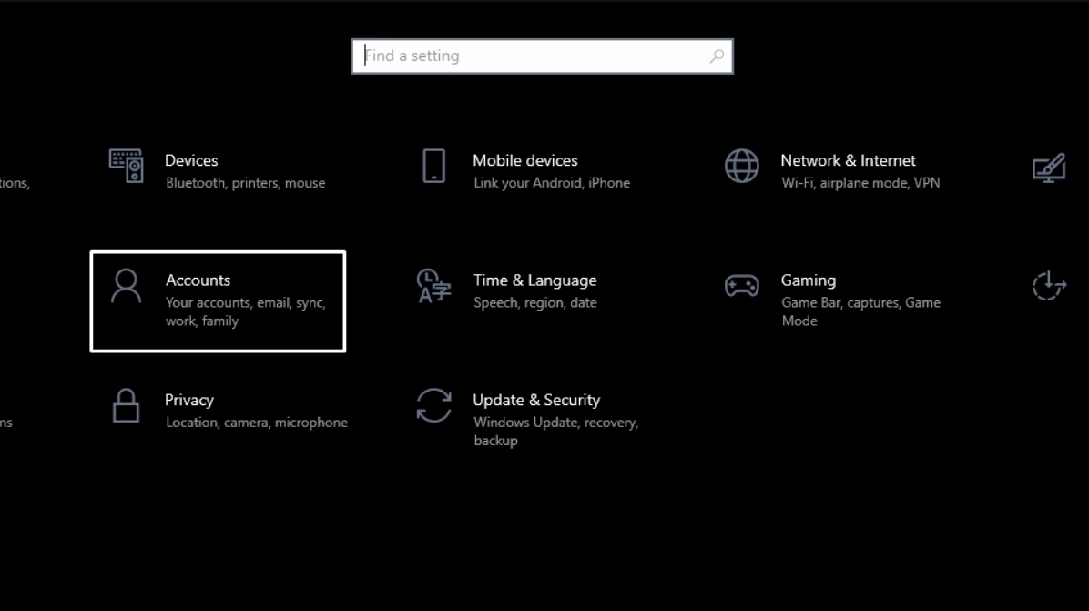 Nhấn chọn vào mục Accounts trong cửa sổ thiết lập hệ thống