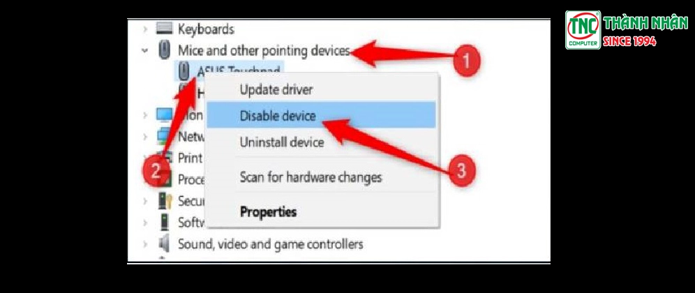 Nhấn chuột phải vào Driver cảm ứng chuột laptop của bạn > Chọn Disable Device