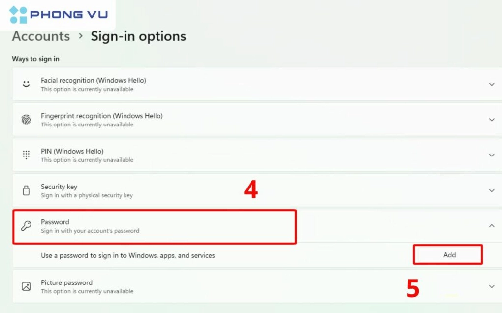 Hướng dẫn chi tiết cách cài mật khẩu cho laptop trên hệ điều hành Windows và Mac 6 Nhấn nút Add để thêm Mật khẩu Password mới