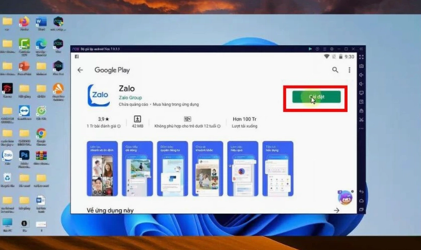 Nhấn nút Cài đặt màu xanh để tải ứng dụng Zalo về giả lập