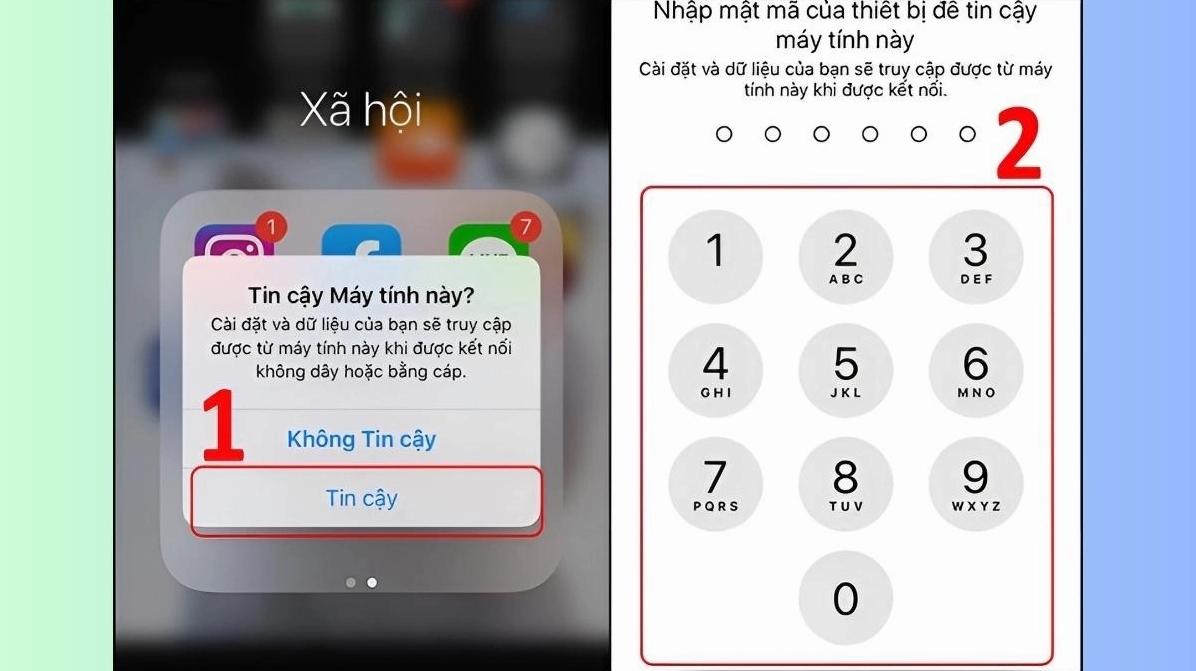 Hướng dẫn cách đồng bộ iPhone với laptop nhanh chóng đơn giản 4 Nhấn nút Tin cậy trên màn hình thông báo của iPhone và nhập mật mã để cấp quyền