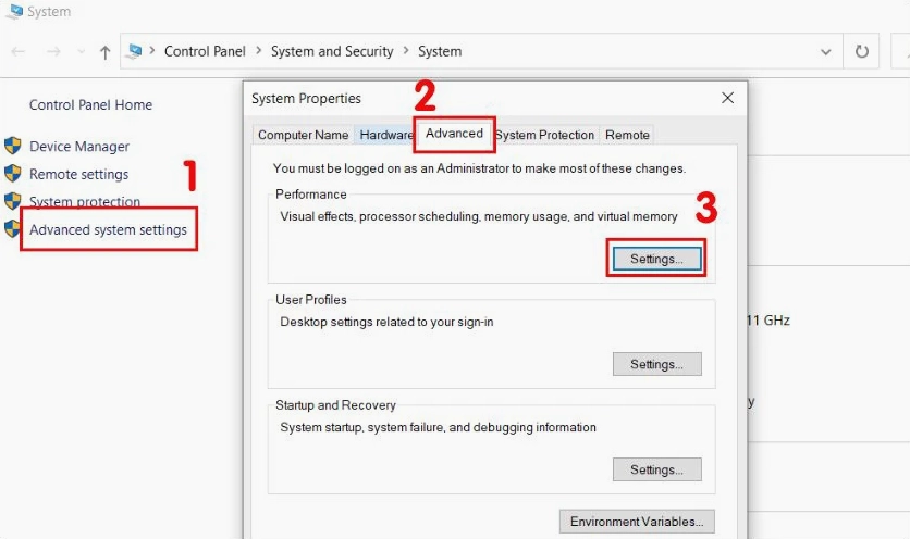 Hướng dẫn chi tiết cách làm cho laptop chạy mượt hơn trên hệ điều hành Windows 7 15 Nhấn Settings trong phần Performance