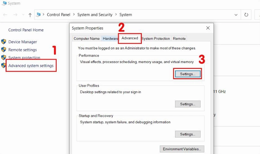 Nhấn Settings trong phần Performance