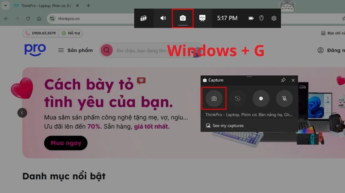 Nhấn tổ hợp phím Windows + G để mở Game Bar Chọn biểu tượng Chụp màn hình