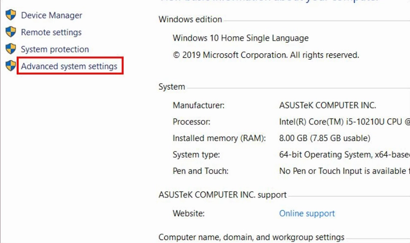 Nhấn vào Advanced system settings