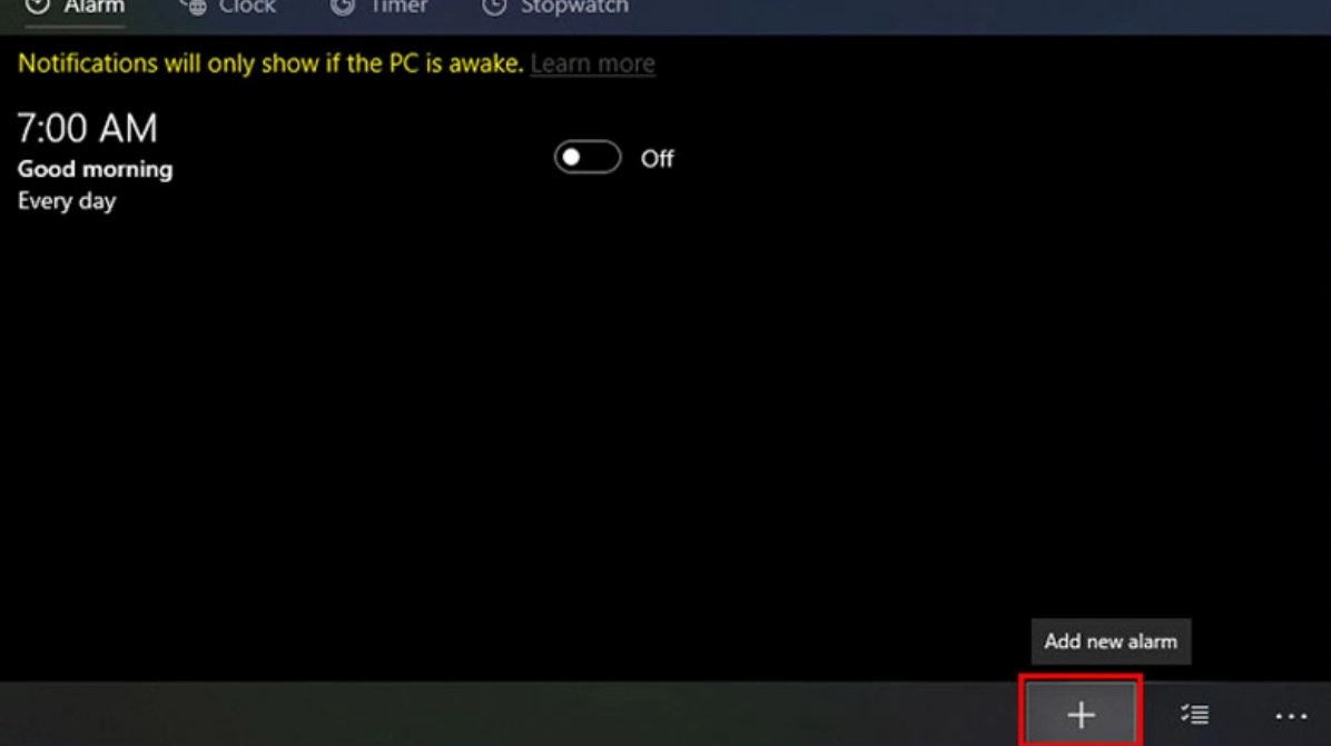 Hướng dẫn chi tiết cách đặt báo thức trên laptop nhanh chóng và hiệu quả 4 Nhấn vào biểu tượng dấu cộng để tạo báo thức mới