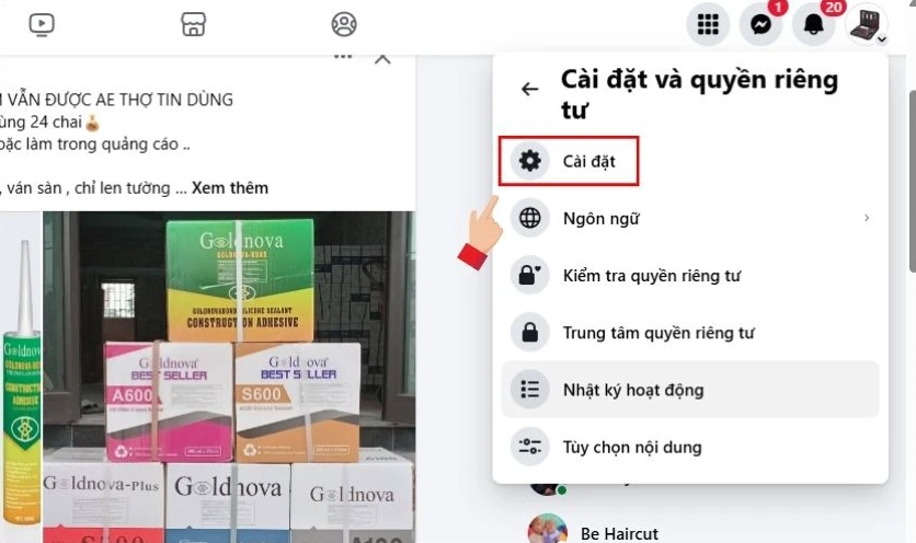 Nhấn vào Cài đặt để mở trang quản lý tài khoản Facebook