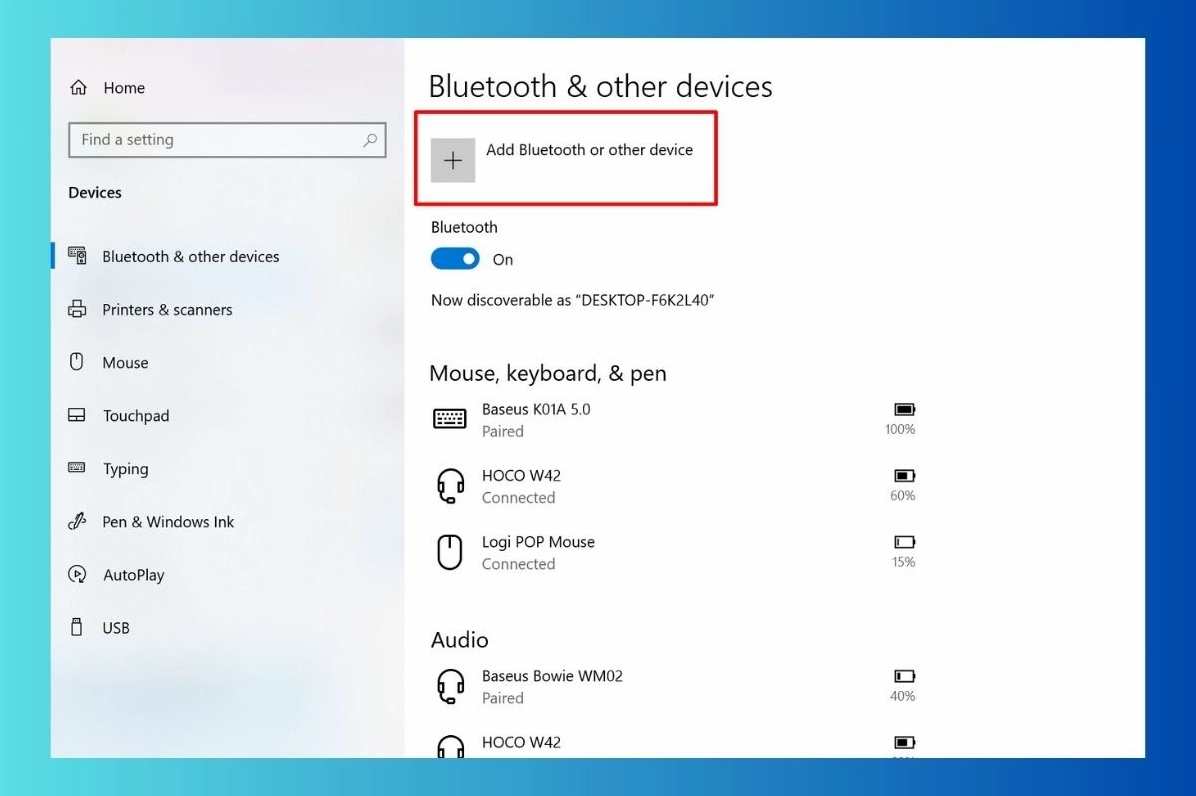 Nhấn vào nút Add Bluetooth or other device