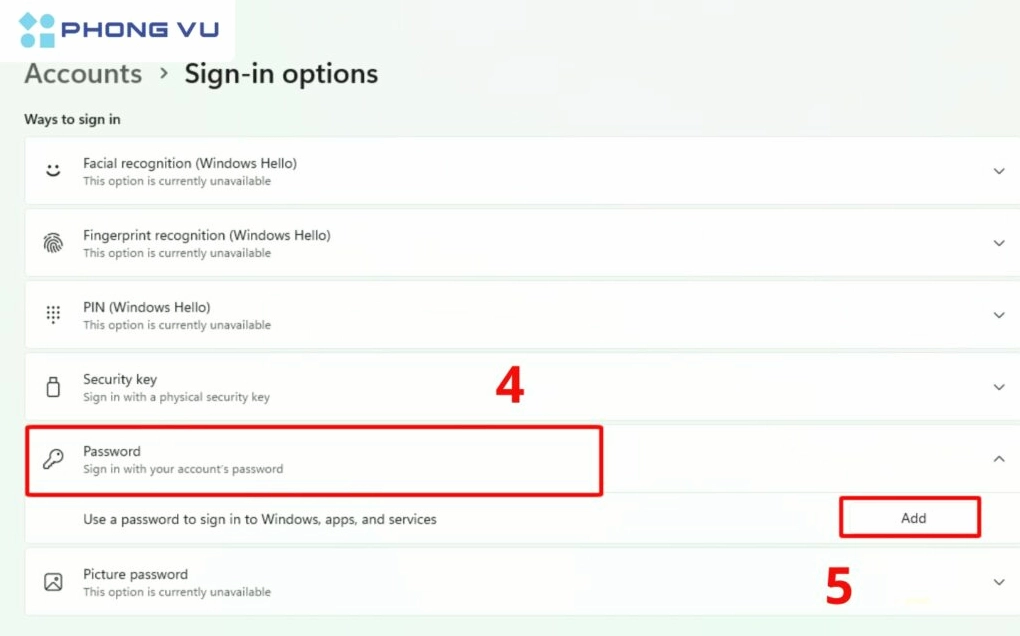 Hướng dẫn chi tiết cách cài đặt mật khẩu laptop bảo vệ dữ liệu tuyệt đối 8 Nhấn vào nút Thêm Mật khẩu Password