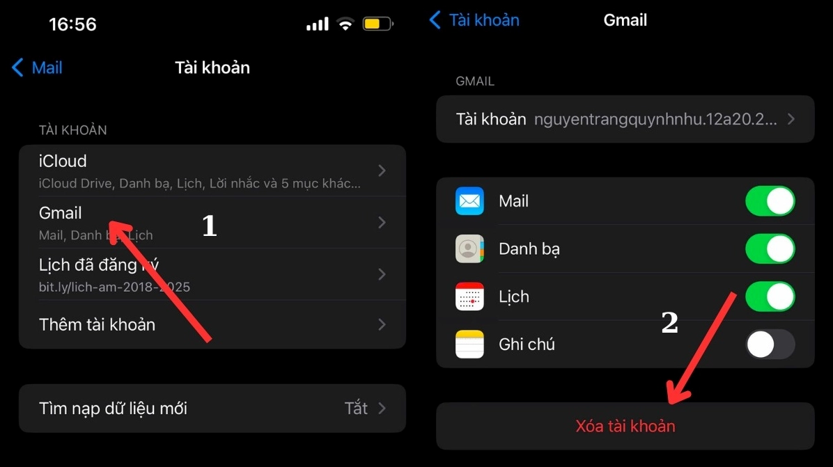 Nhấn vào nút Xóa tài khoản trên iOS