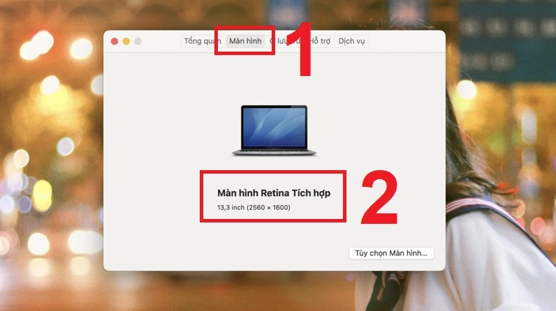 Nhấn vào thẻ Display Màn hình để xem độ phân giải màn hình bên dưới